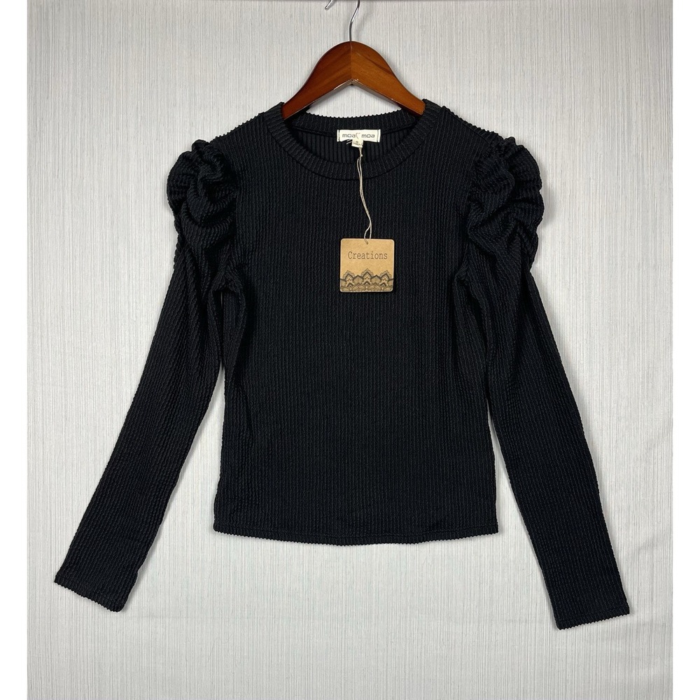 moa moa Puff Sleeve Top Womens S Black Long Sleeve Textured Knit Dark Academia